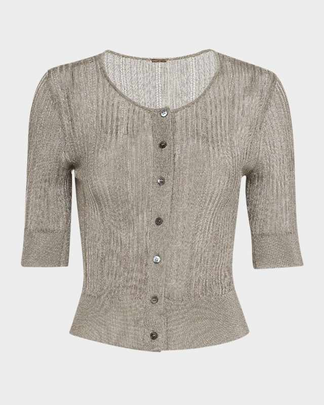 Metallic Rib Short-Sleeve Cardigan